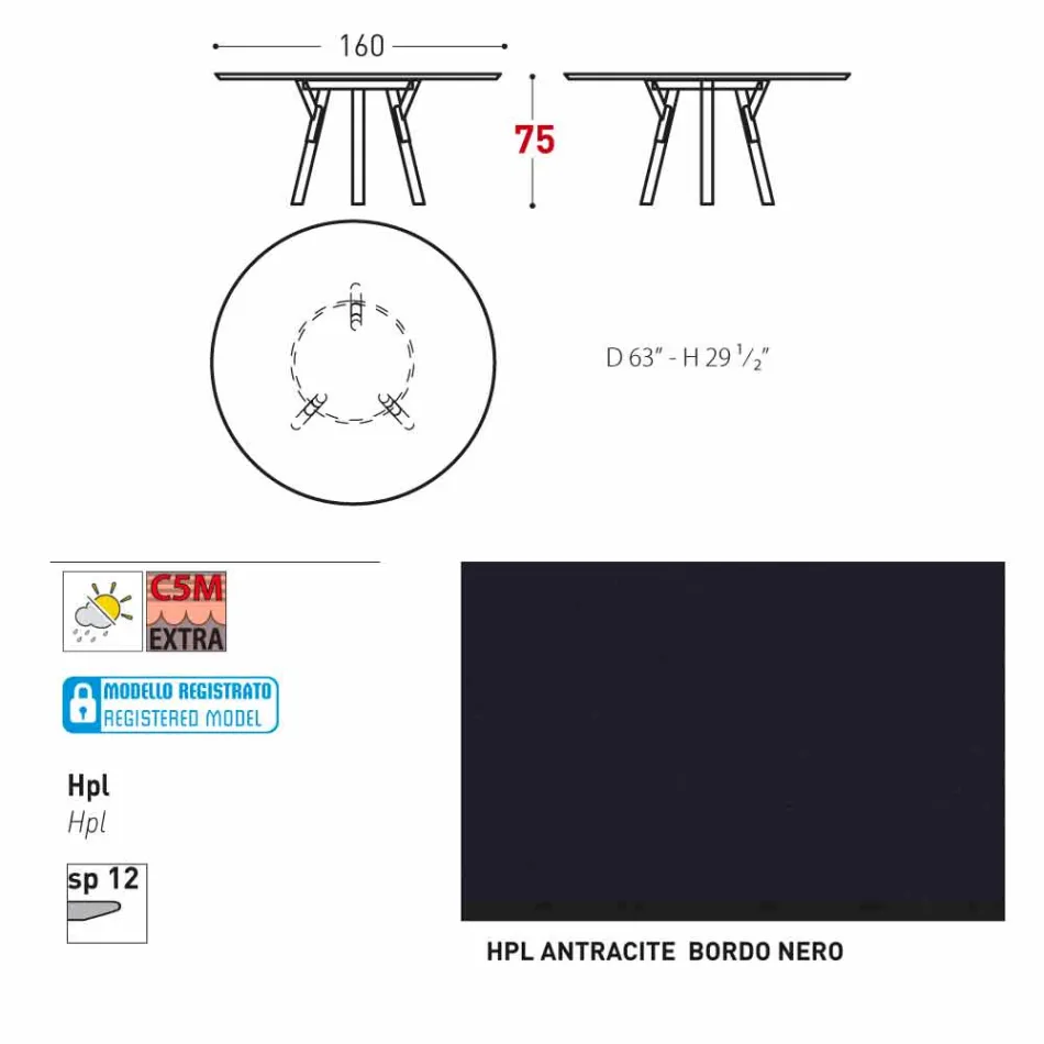 Tabela e rrumbullakët e kopshtit Varaschin Link me këmbë dru tik, H 75cm Viadurini