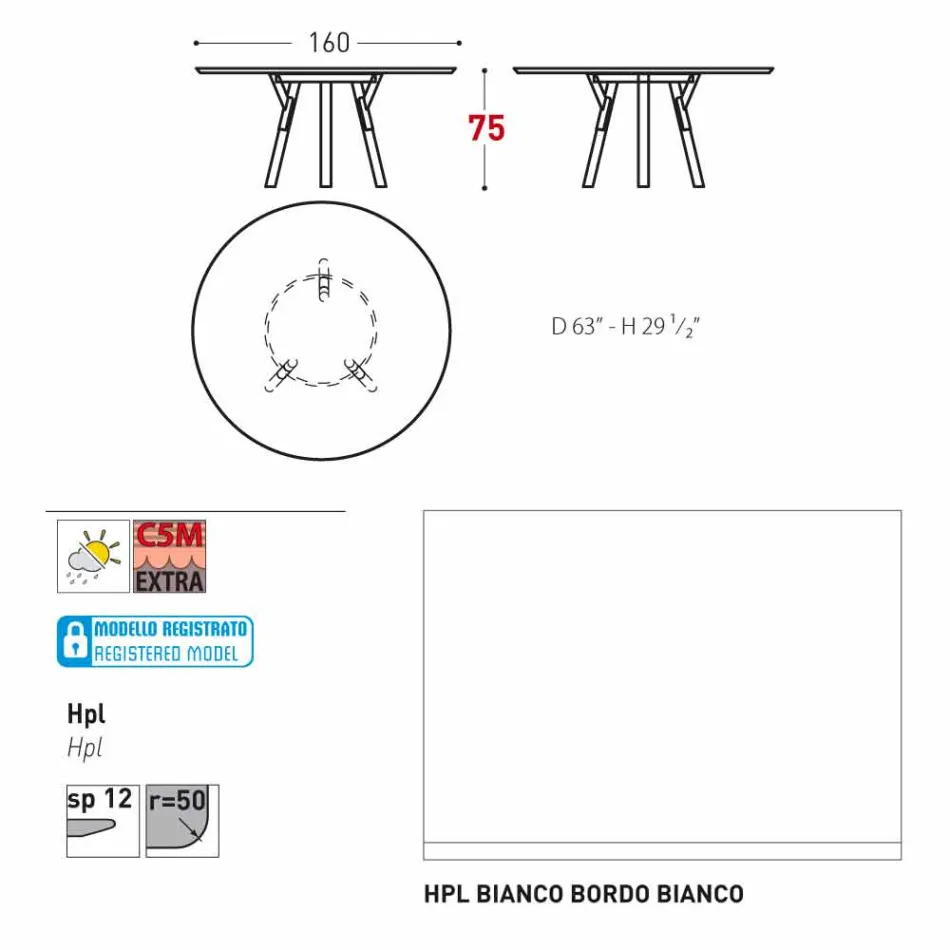 Tabela e rrumbullakët e kopshtit Varaschin Link me këmbë dru tik, H 75cm Viadurini