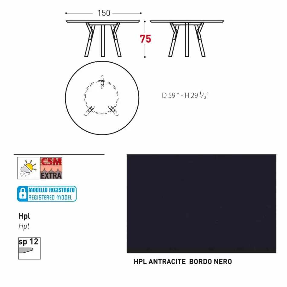 Tabela e rrumbullakët e kopshtit Varaschin Link me këmbë dru tik, H 75cm Viadurini