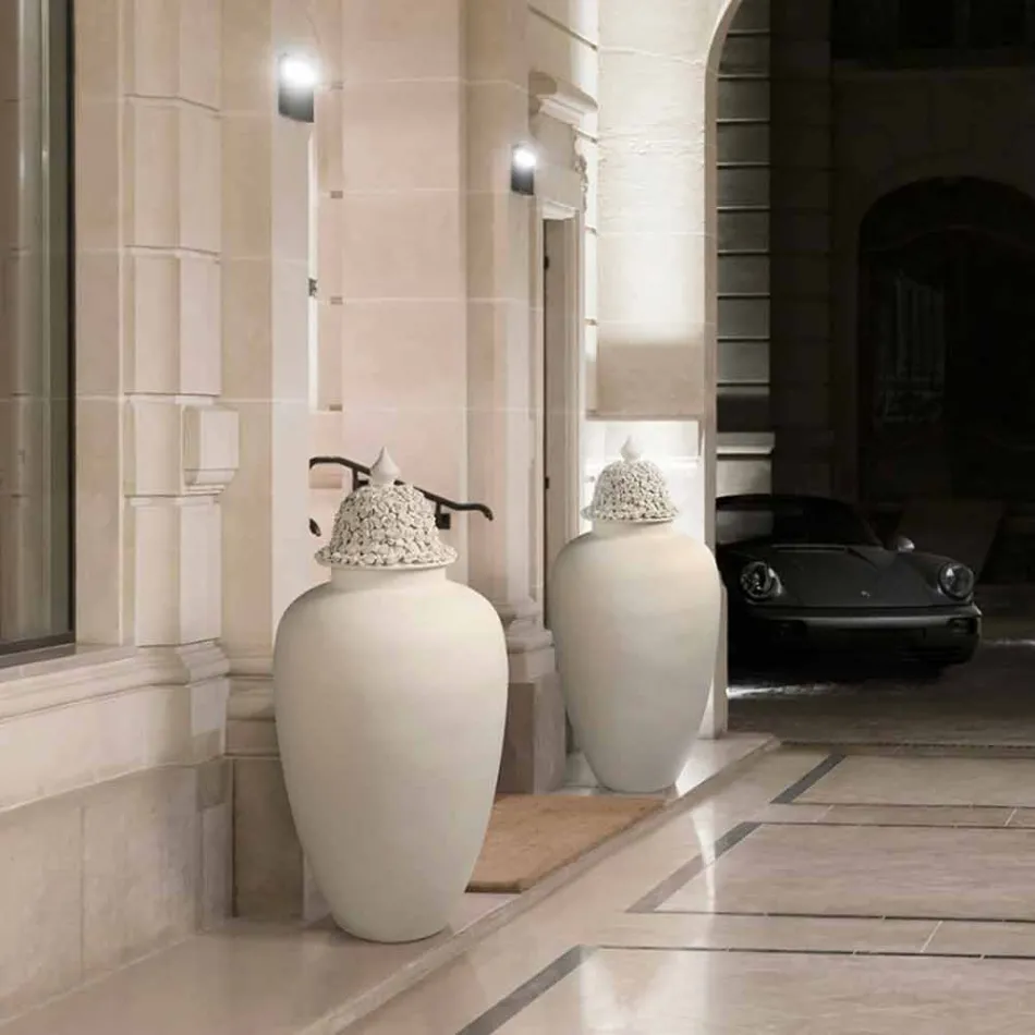 Vazo qeramike e bardhë e gjatë me majë të dekoruar e punuar me dorë në Itali - Verio Viadurini