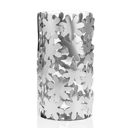 Vazo cilindrike prej qelqi dhe metali argjendi dhe dekor me lule luksoze - Terraceo Viadurini