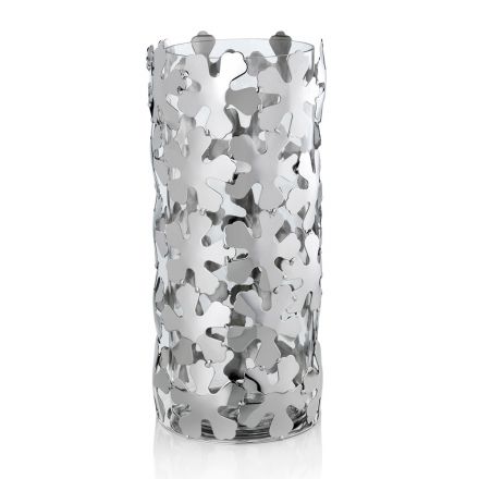 Vazo në Silver Metal dhe Glass Dizajn Cilindrik Elegant me Lule - Megghy Viadurini