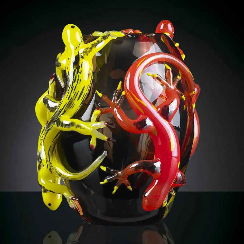 Vazo qelqi me ngjyra me Geckos e punuar me dorë në Itali - Geco Viadurini