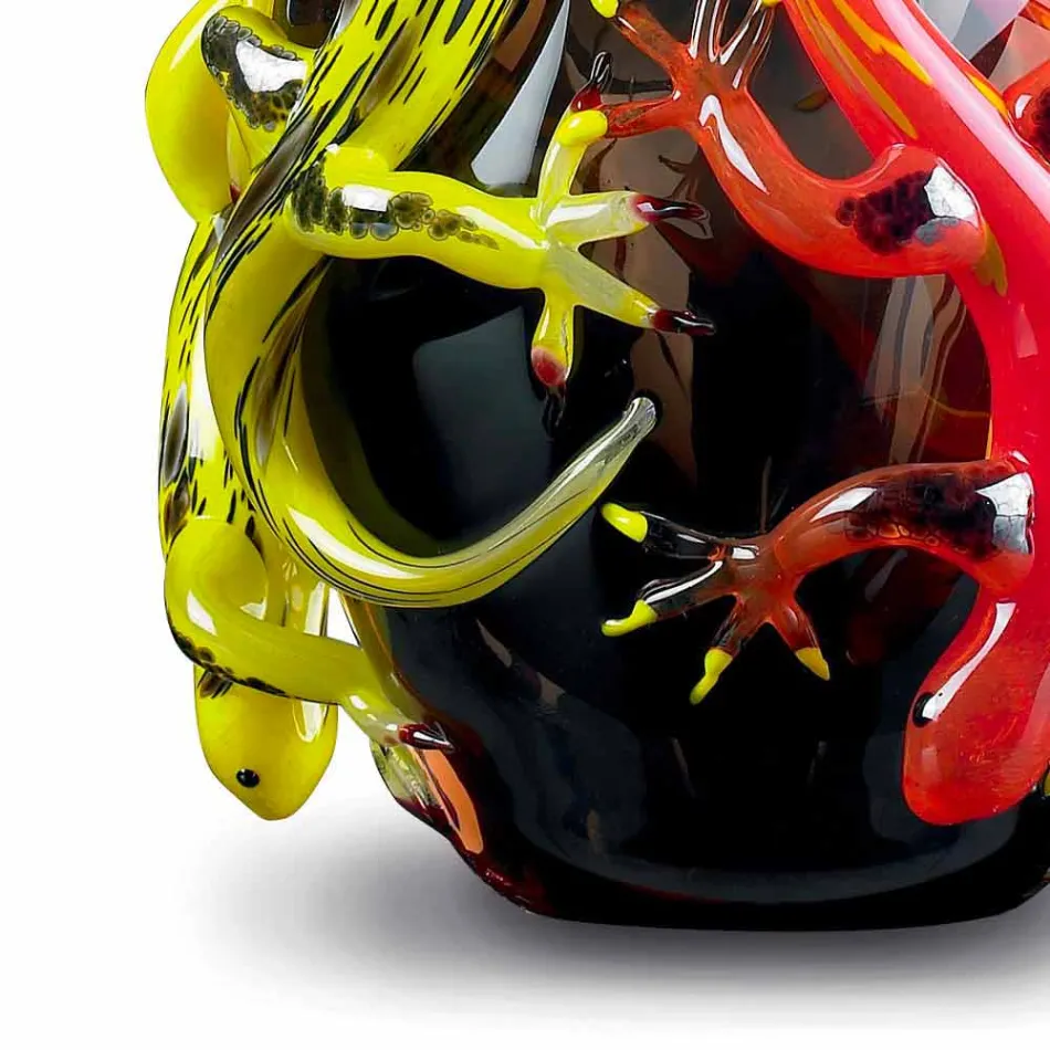 Vazo qelqi me ngjyra me Geckos e punuar me dorë në Itali - Geco Viadurini