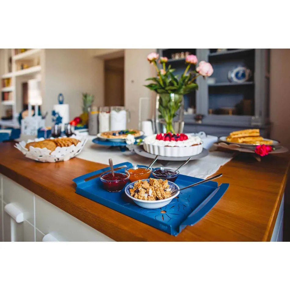 Shërbyer tabaka me lule në hekur të bardhë, blu ose baltë - Marken Viadurini
