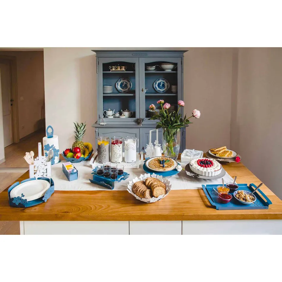 Shërbyer tabaka me lule në hekur të bardhë, blu ose baltë - Marken Viadurini