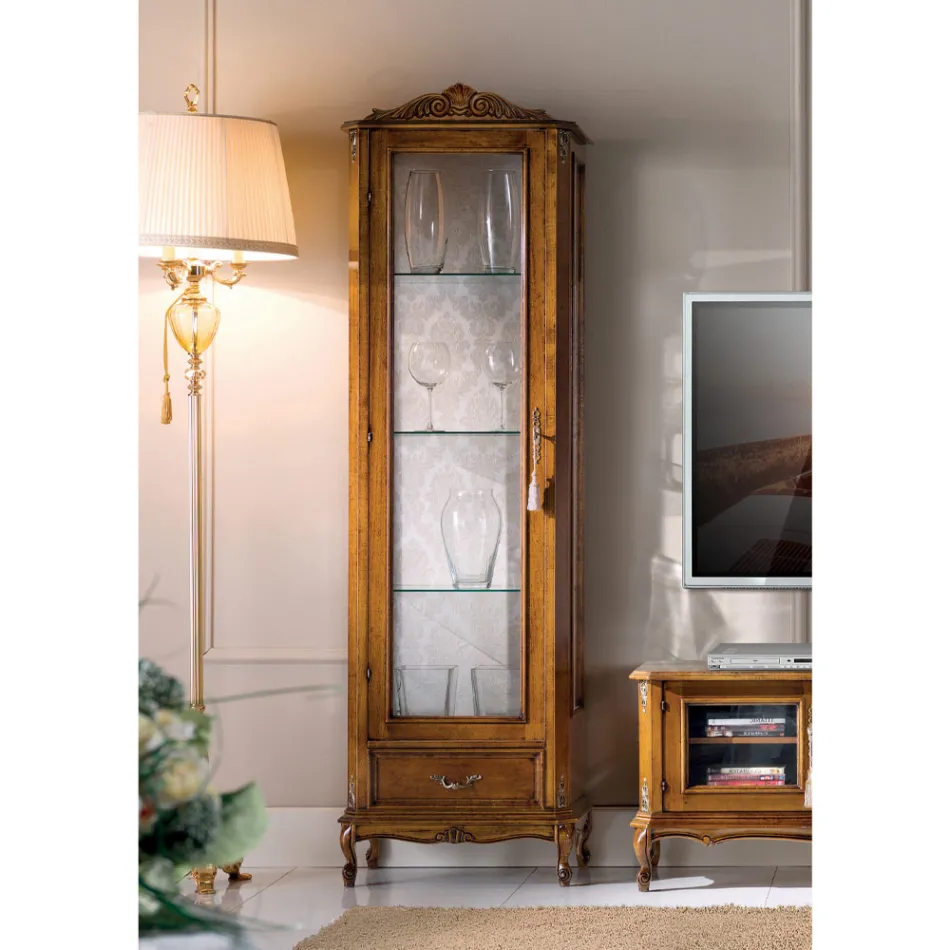 Vitrina klasike e dhomës së ndenjes nga druri i arrës me 1 derë Prodhuar në Itali - Ronald Viadurini